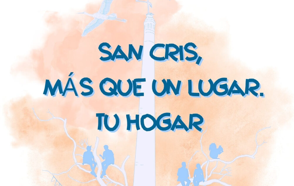 iMAGEN DE UN OBELISCO CON PAJAROS Y PERSONAS SUBIDAS A LAS RAMAS DE UN ARBOL
